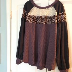 Umgee Lace Yoke Top w/Animal Print